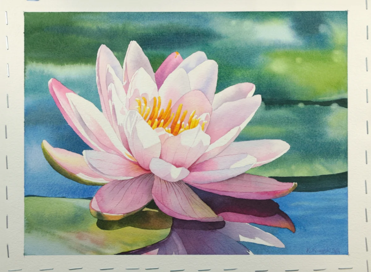 Final details and shadows added to a watercolor water lily