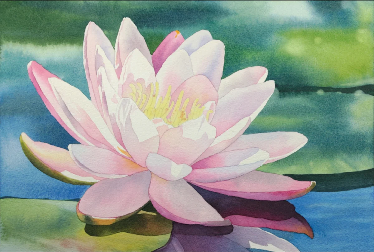 Transparent watercolor layers building depth in water lily petals