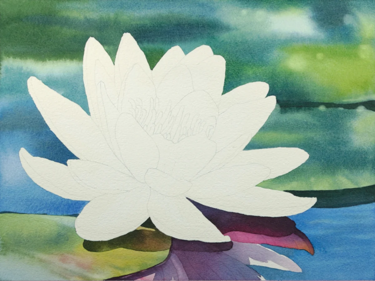 Pink and purple watercolor reflection beneath a white water lily